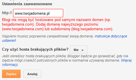 Blogger - Panel Administracyjny - Ustawienia - Publikowanie - Wpisz nazwę Twojej domeny
