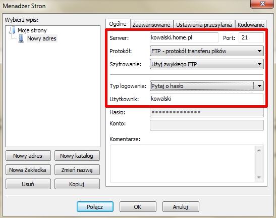 FileZilla - Menadżer Stron - Wpisz niezbędne dane podczas konfiguracji połączenia