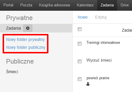 Poczta home.pl - Zadania - Wybierz link Nowy folder prywatny lub Nowy folder publiczny