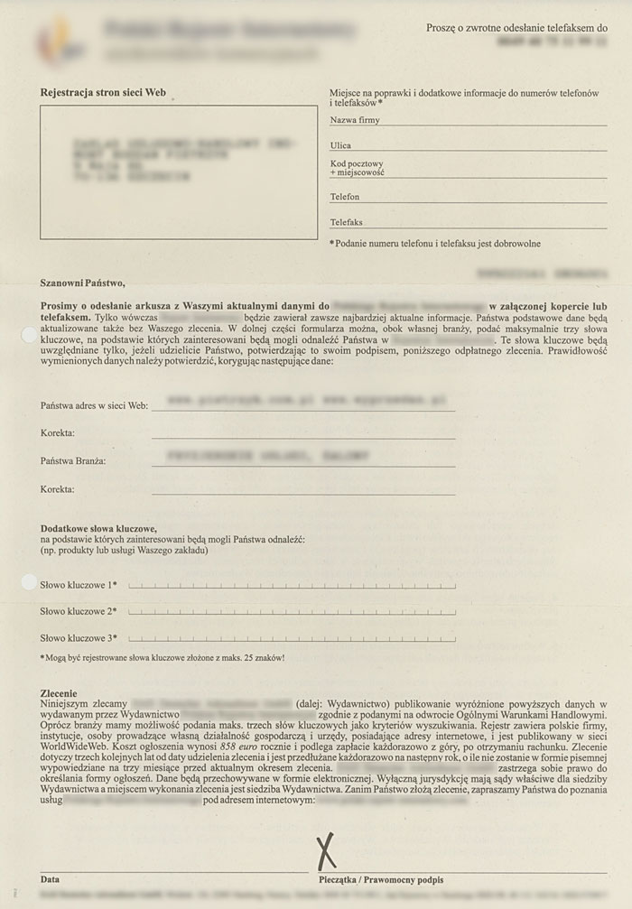Przykład oszustwa - Katalog firm - Rejestracja stron sieci Web