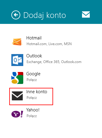 Windows 8 - Poczta - Dodaj konto - Z menu wybierz pozycję Inne konto