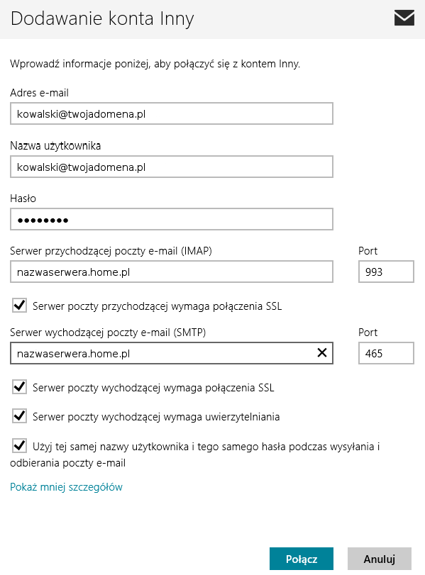 Windows 8 - Poczta - Dodaj konto - Dodawanie konta Inny - Pokaż więcej szczegółów - Pełna wersja formularza konfiguracji