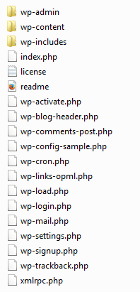 Przykładowa lista plików WordPress, które należy przesłać na serwer w home.pl