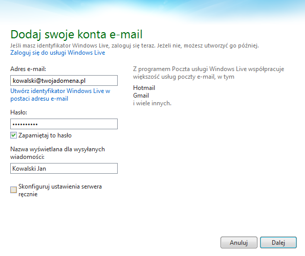 Windows Live - Konta - Adres e-mail - Podaj niezbędne dane konfiguracyjne