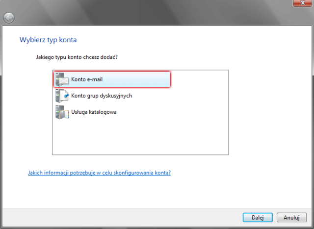 Windows Mail - Narzędzia - Konta - Konta internetowe - Dodaj - Wybierz pozycję Konto e-mail