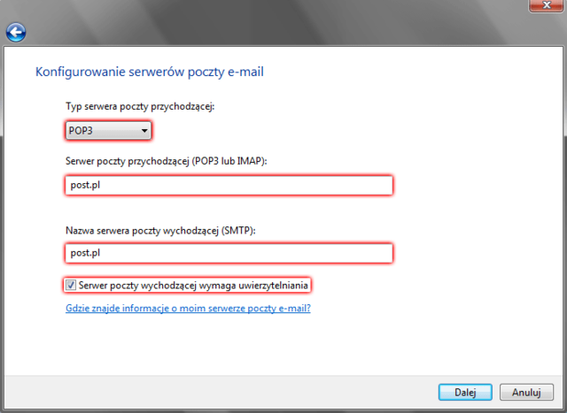 Windows Mail - Narzędzia - Konta - Konta internetowe - Dodaj - Zdefiniuj serwery poczty przychodzącej (POP3 lub IMAP) i wychodzącej (SMTP)
