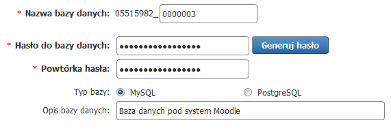 Moodle - Formularz tworzenia nowej bazy danych MySQL - Uzupełnij wymagane pola