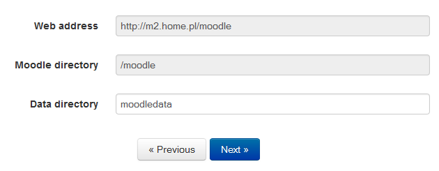 Moodle - Adres URL - Instalacja - W polu Data directory wpisz dowolną nazwę katalogu
