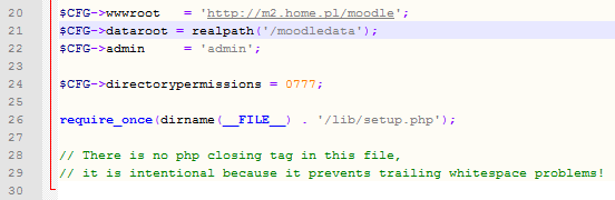 Moodle - Zawartość pliku config.php - Umieść powyższy kod
