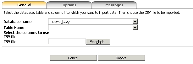 myLittleAdmin - Tools - CSV Import Wizard - Wybierz bazę danych MSSQL i wskaż plik znajdujący się na komputerze lokalnym, który chcesz zaimportować