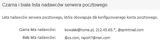 Panel klienta - Usługi - Wybrana usługa - Konfiguracja usługi - Konfiguruj pocztę - Zabezpieczenia antyspamowe - Przykładowy widok włączonej czarnej i białej listy nadawców serwera pocztowego