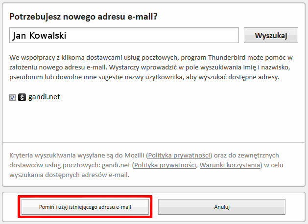adres e-mail dotyczący daty połączenia