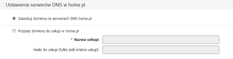 Panel klienta - Konfiguracja domeny - Ustawienia serwerów DNS w home.pl - Zaznaczona opcja Zaparkuj domenę na serwerach DNS home.pl
