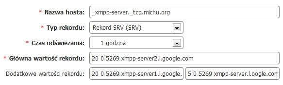 Przykład wpisu dla rekordu SRV, który jest odpowiedzialny za serwer Jabbera w domenie michu.org