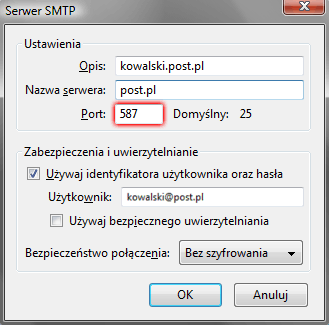 SeaMonkey - Edycja - Konfiguracja kont - Serwer poczty wychodzącej (SMTP) - Edytuj - Serwer SMTP - Zmień wartość w polu Port
