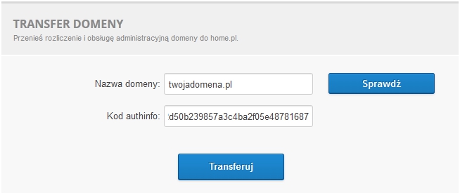 Transfer domeny - Formularz - Wpisz kod autoryzujący transfer