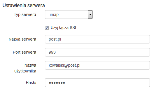 Poczta home.pl - Dodaj konto e-mail - Ustawienia serwera - Zdefiniuj ustawienia serwera poczty przychodzącej (IMAP)