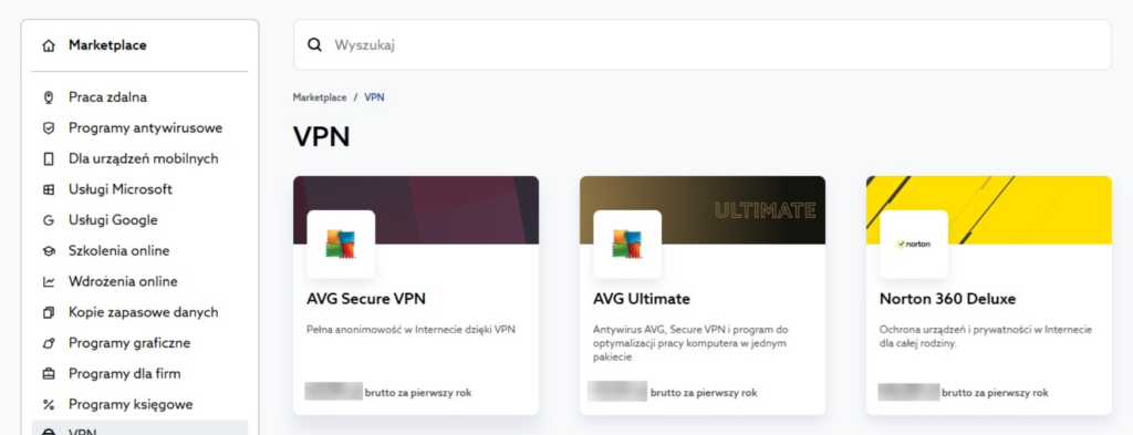 Przykład prezentacji różnych wariantów VPN  na stronie home.pl