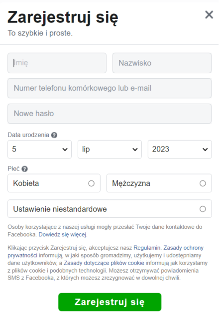 Zakładanie konta na Facebooku - wypełnij formularz