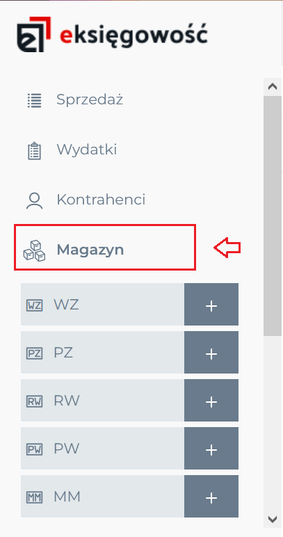 eKsięgowość - Magazyn - Wybierz podopcję Dokumenty