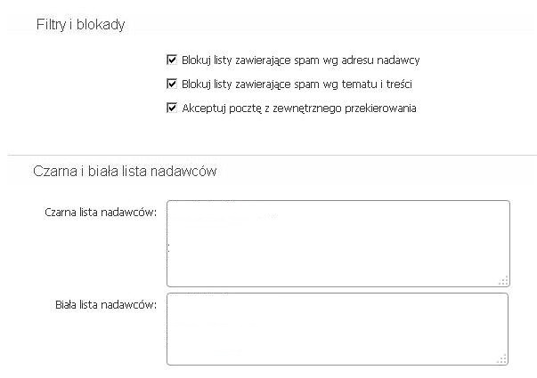 Poczta home.pl - Ustawienia - Zabezpieczenia antyspamowe - Czarna i biała lista nadawców