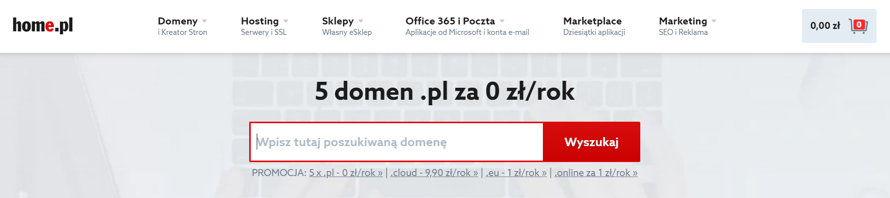 Home.pl - Skorzystaj z wyszukiwarki dostępnej na stronie głównej lub bezpośrednio w sekcji Domeny dostępnej w pasku nawigacji