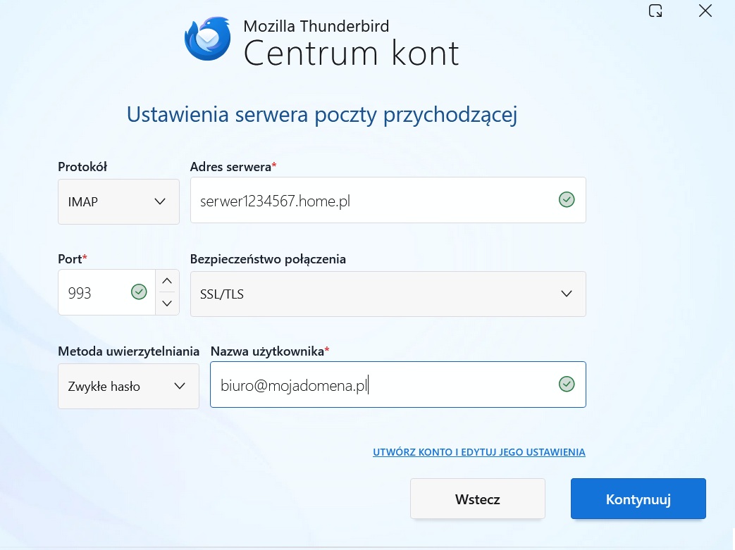 Okno Mozilla Thunderbird „Centrum kont” z ustawieniami serwera poczty przychodzącej. Protokół: IMAP, Serwer: serwer1234567.home.pl, Port: 993, Bezpieczeństwo: SSL/TLS. Nazwa użytkownika została uzupełniona jako pełny adres e-mail: biuro@mojadomena.pl.
