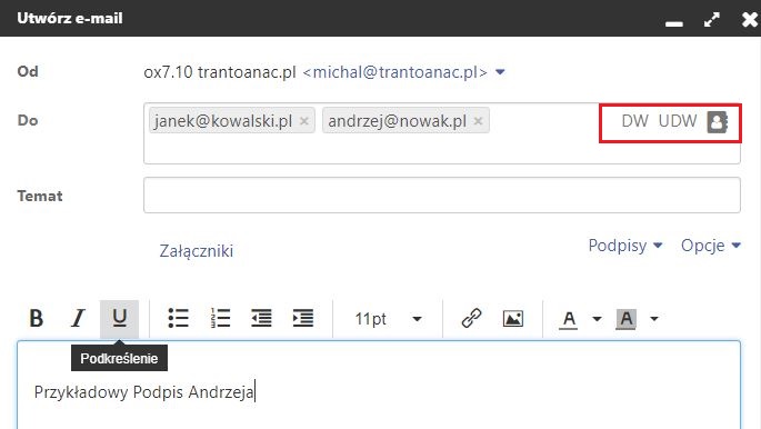 Poczta home.pl - Utwórz e-mail - Formularz - DO - Wybierz opcję DW UDW