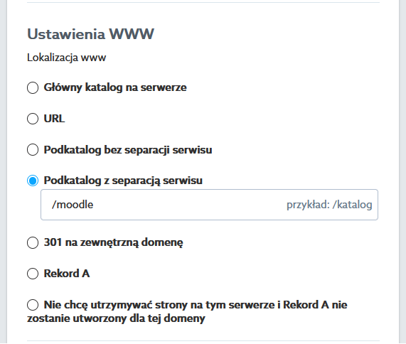 widok panelu klienta w którym możesz zrobić przypisanie domeny na podkatalog o nazwie moodle