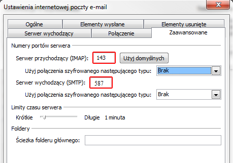 Microsoft Outlook 2010 - Plik - Informacje - Dodaj konto - Ustawienia internetowej poczty e-mail - Więcej ustawień - Zaawansowane - Zmień numery portów serwera