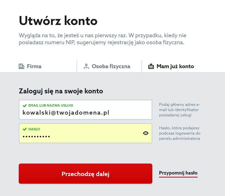 Customer Panel home.pl - Set login and password