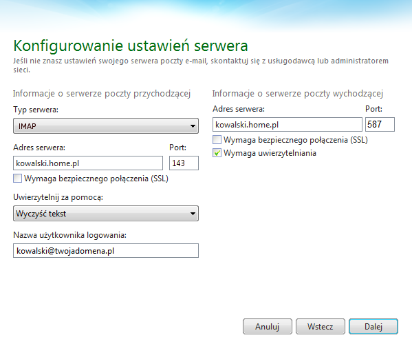 Windows Live - Konta - Adres e-mail - Podaj niezbędne dane konfiguracyjne dotyczące serwera poczty przychodzącej