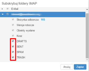 Poczta home.pl - Ustawienia - Poczta - Subskrypcja folderu IMAP - Zmień subskrypcję - Zaznacz lub odznacz checkboxy przy wybranych folderach