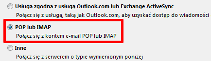 Microsoft Outlook 2013 - Plik - Informacje - Dodaj konto - Wybierz opcję POP lub IMAP