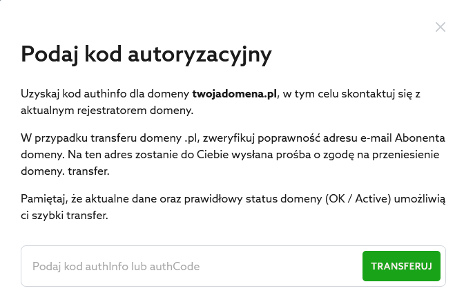Authinfo - kod autoryzujący transfer - authcode - AI
