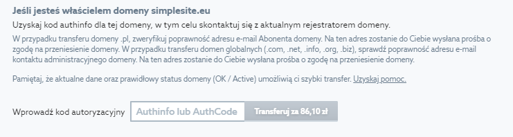 Transfer domeny do home.pl - formularz transferu