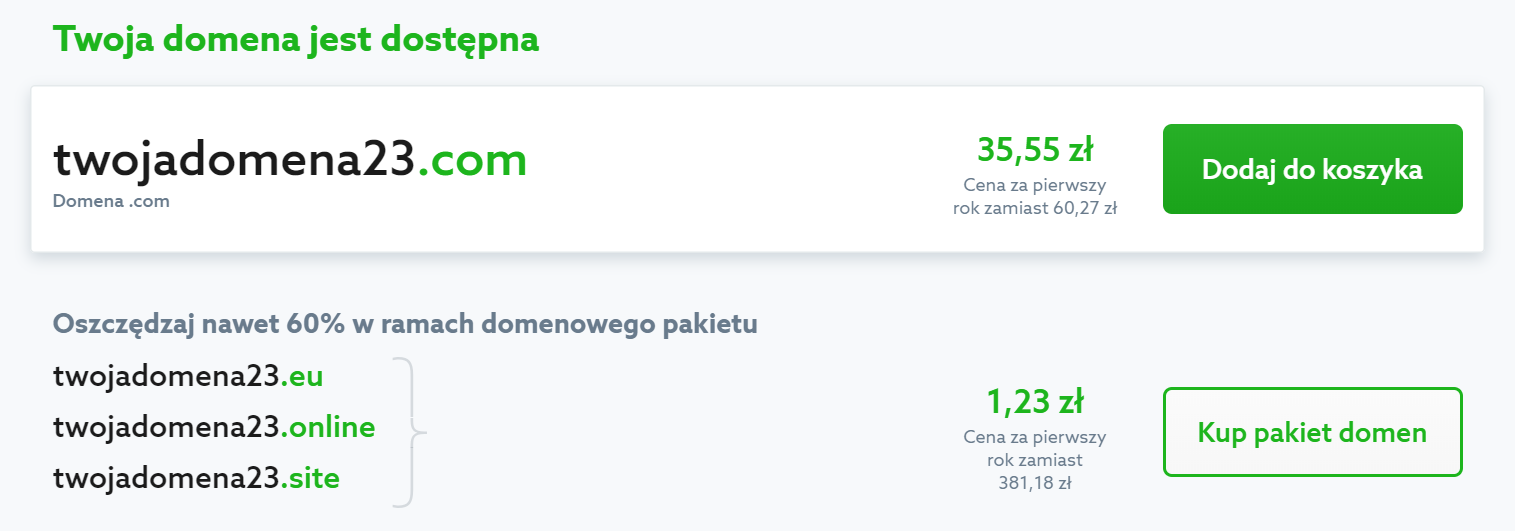 Domeny w home.pl - Wyszukiwarka wolnych nazw domen - Przy wybranych do rejestracji domenach, kliknij przycisk Do koszyka
