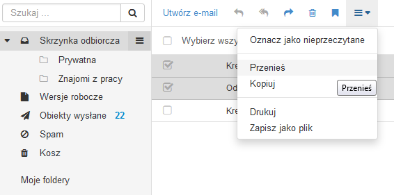 Poczta home.pl - Poczta - Lista wiadomości e-mail - Zaznacz pole wyboru przy wiadomości, które chcesz przenieść do nowego folderu i kliknij opcję Przenieś