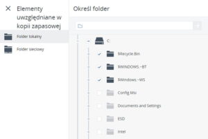 Wybór plików i folderów do kopii zapasowej Acronis Backup.