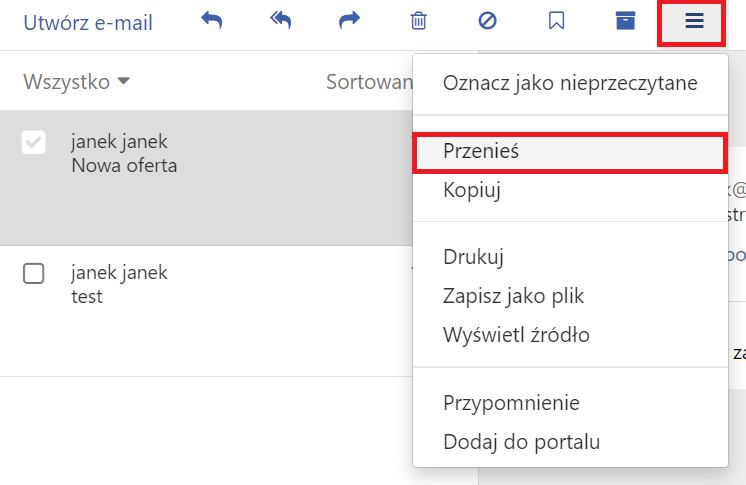 Poczta home.pl - Poczta - Lista wiadomości e-mail - Zaznacz pole wyboru przy wiadomości, które chcesz przenieść do nowego folderu, kliknij Opcje i wybierz Przenieś