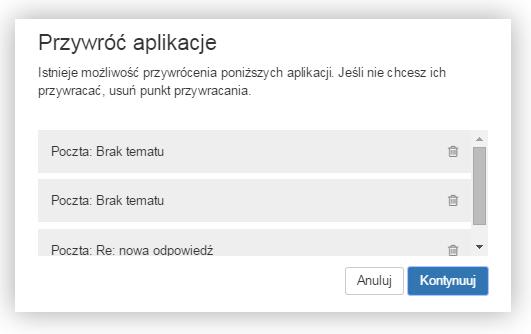 Poczta home.pl - Przywróć aplikacje - Skorzystaj z opcji Kontynuuj, aby przywrócić edytowane wiadomości