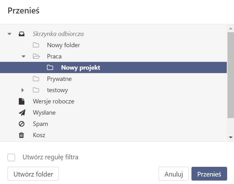 Poczta home.pl - Poczta - Lista wiadomości e-mail - Przenieś - Wskaż w drzewie katalogów folder, do którego chcesz przenieść wskazane wiadomości e-mail