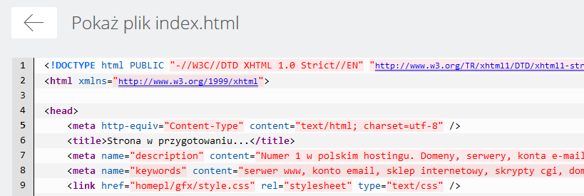 WebFTP - Przykładowy widok zawartości pliku index.html na serwerze FTP