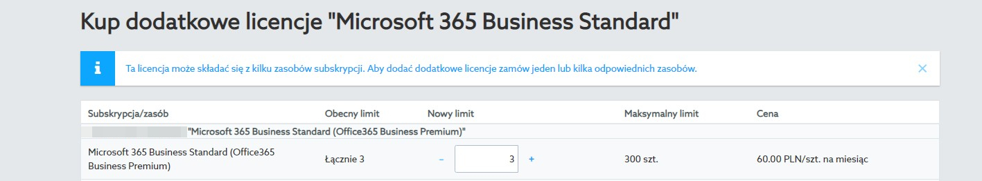 Panel home.pl - zwiększanie limitu licencji w bieżącym planie Microsoft 365