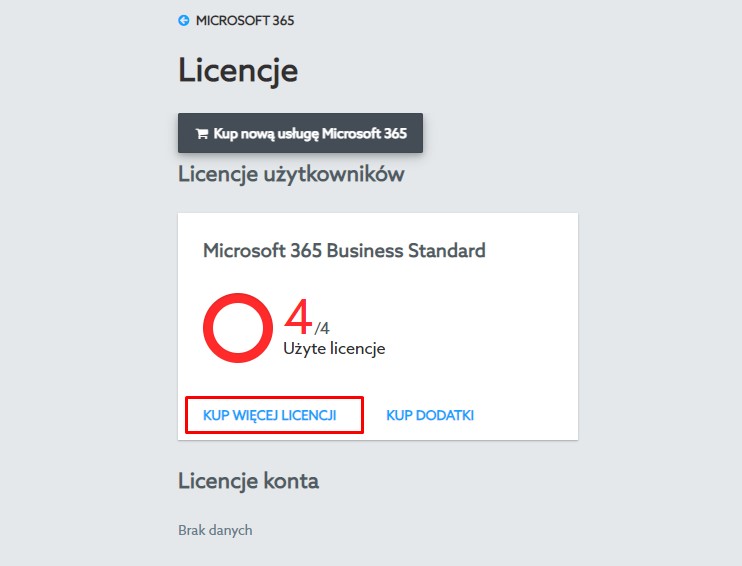 Panel home.pl - ilość licencji w planie Microsoft 365 