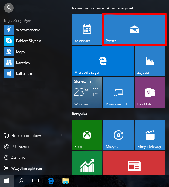 Windows 10 - Uruchom program Poczta