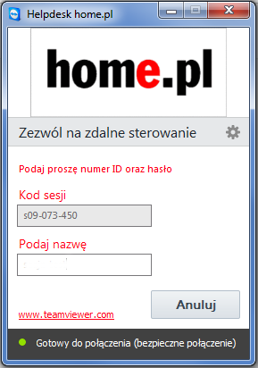 TeamViewer - Helpdesk home.pl - Wpisz kod sesji i nazwę aby zaplanować połączenie z konsultantem
