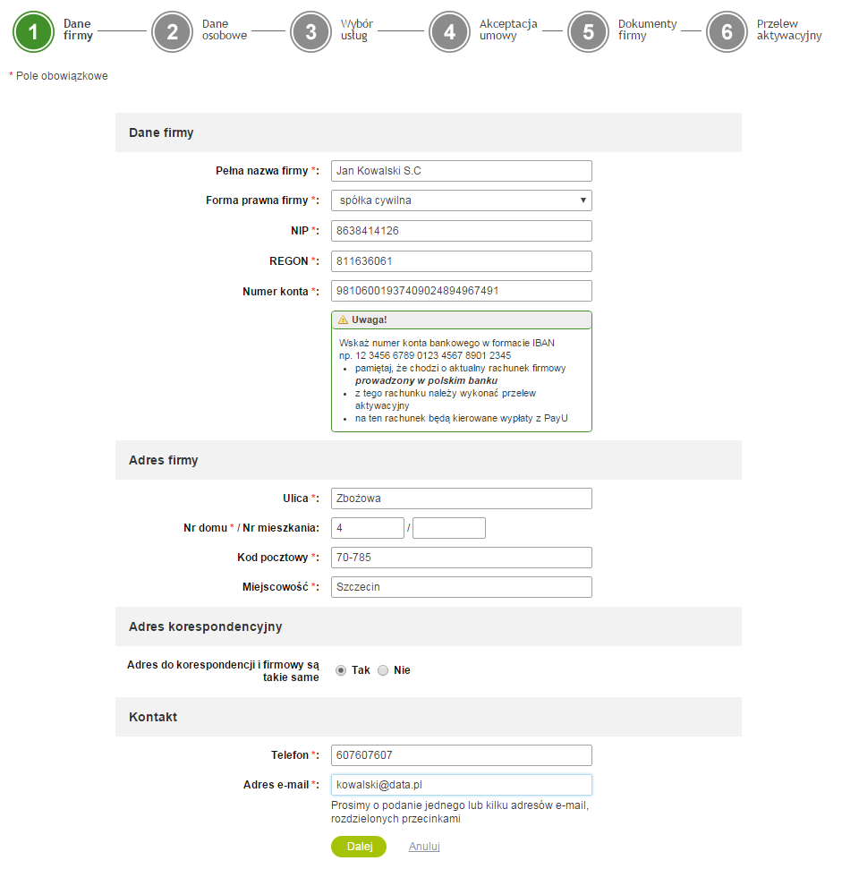 PayU - Rejestracja - 1 krok - Dane firmy - Uzupełnij formularz