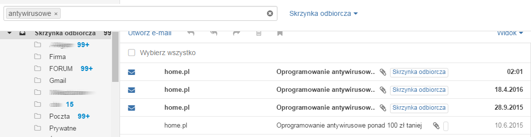 Poczta home.pl - Wyszukiwarka wiadomości - Wyniki wyszukiwania - Widok wyników w formie listy wiadomości e-mail