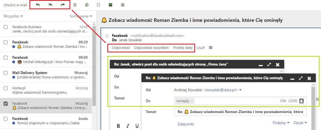 Poczta home.pl - Wiadomość e-mail - Na skróty - Wybierz opcje, która umożliwia szybki dostęp do wybranych funkcjonalności